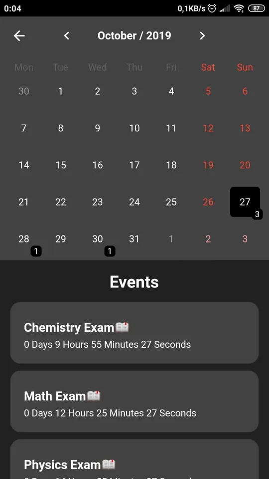 Countdown & Reminder — Dark theme